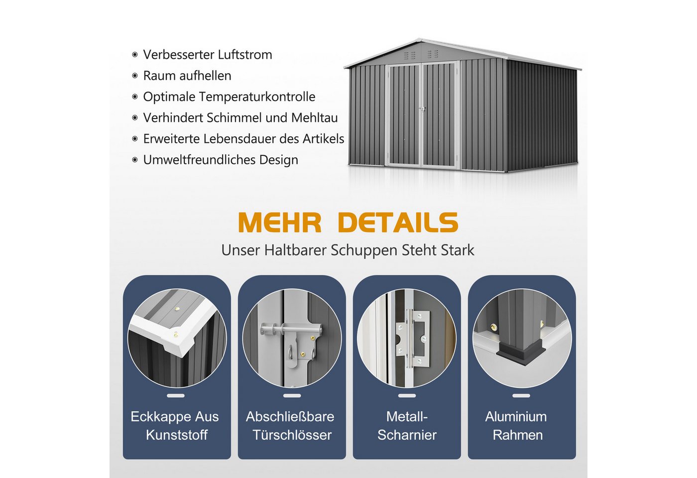 Rolipo Gerätehaus Großes Witterungsbeständiges Gartenhaus Metallfundament (ohne Boden), BxT: 300x252 cm, (Set), Innenmaße ca. 289 x 239 x 155cm für Rasenmäher,Fahrräder & Mülltonnen Bild 3