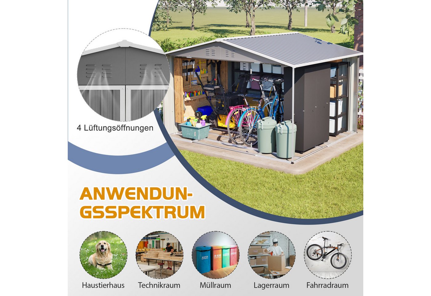 Rolipo Gerätehaus Großes Witterungsbeständiges Gartenhaus Metallfundament (ohne Boden), BxT: 300x252 cm, (Set), Innenmaße ca. 289 x 239 x 155cm für Rasenmäher,Fahrräder & Mülltonnen Bild 4