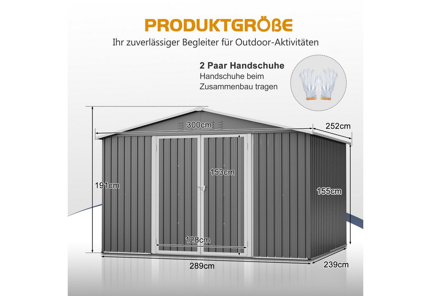 Rolipo Gerätehaus Großes Witterungsbeständiges Gartenhaus Metallfundament (ohne Boden), BxT: 300x252 cm, (Set), Innenmaße ca. 289 x 239 x 155cm für Rasenmäher,Fahrräder & Mülltonnen Bild 5