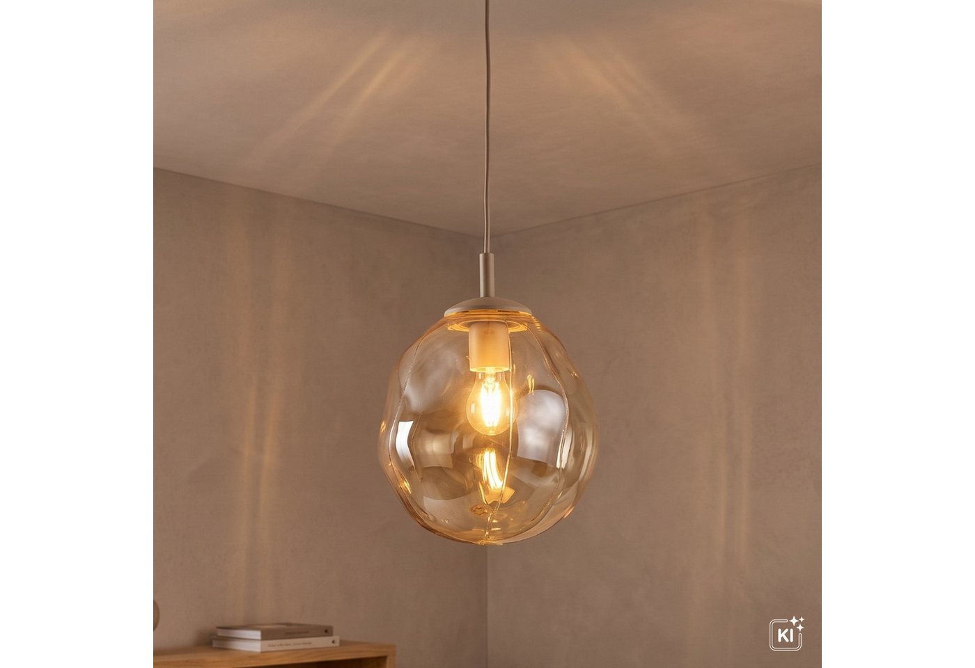 Licht-Erlebnisse Pendelleuchte UMERA, ohne Leuchtmittel, Glas Metall E27 H: max. 175 cm Sandfarben Cognac rund Modern Bild 4
