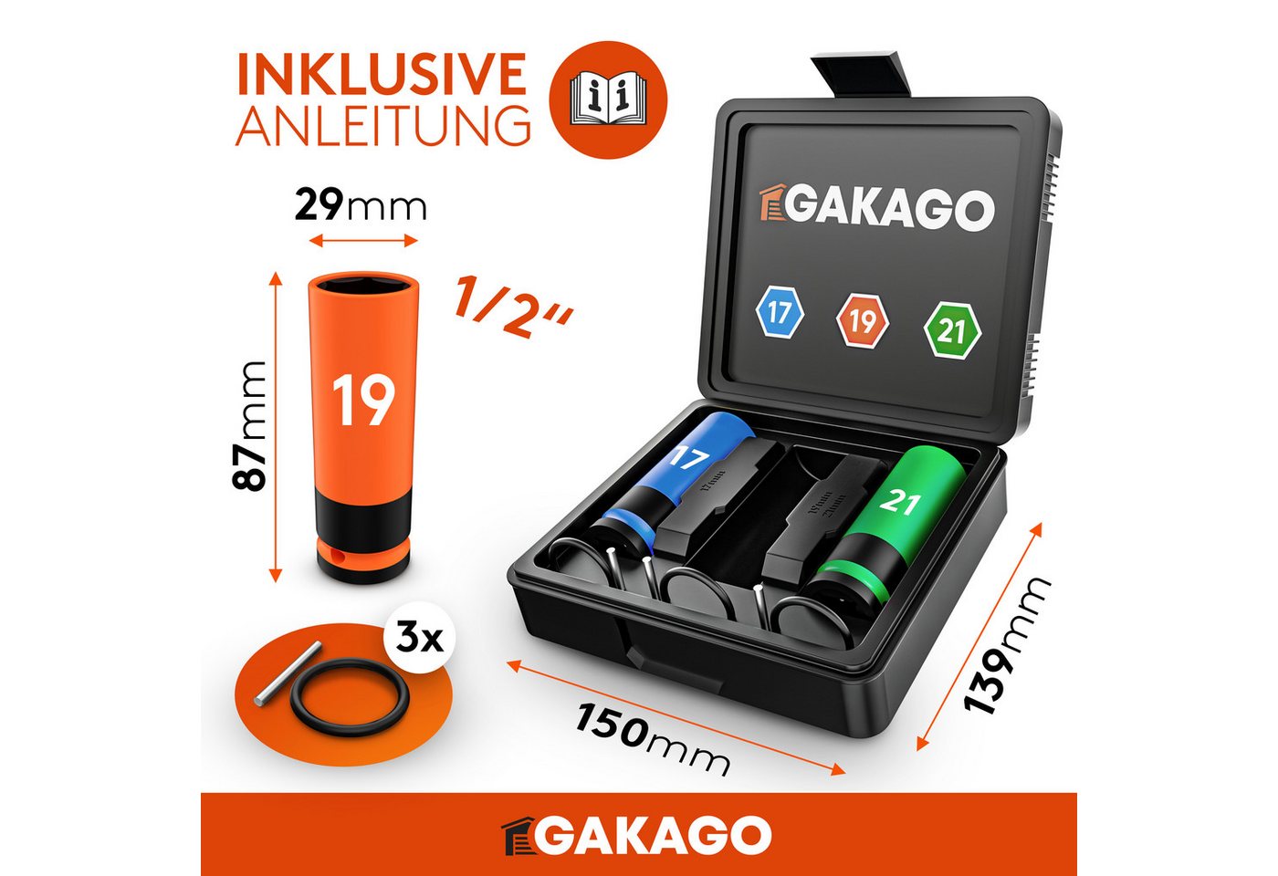 Gakago Steckschlüssel (Set, 3-tlg. Kraft-Schoneinsatz für 17mm 19mm 21mm Radschrauben), - 1/2 Zoll mit Sicherheitsstift und Ring Bild 2