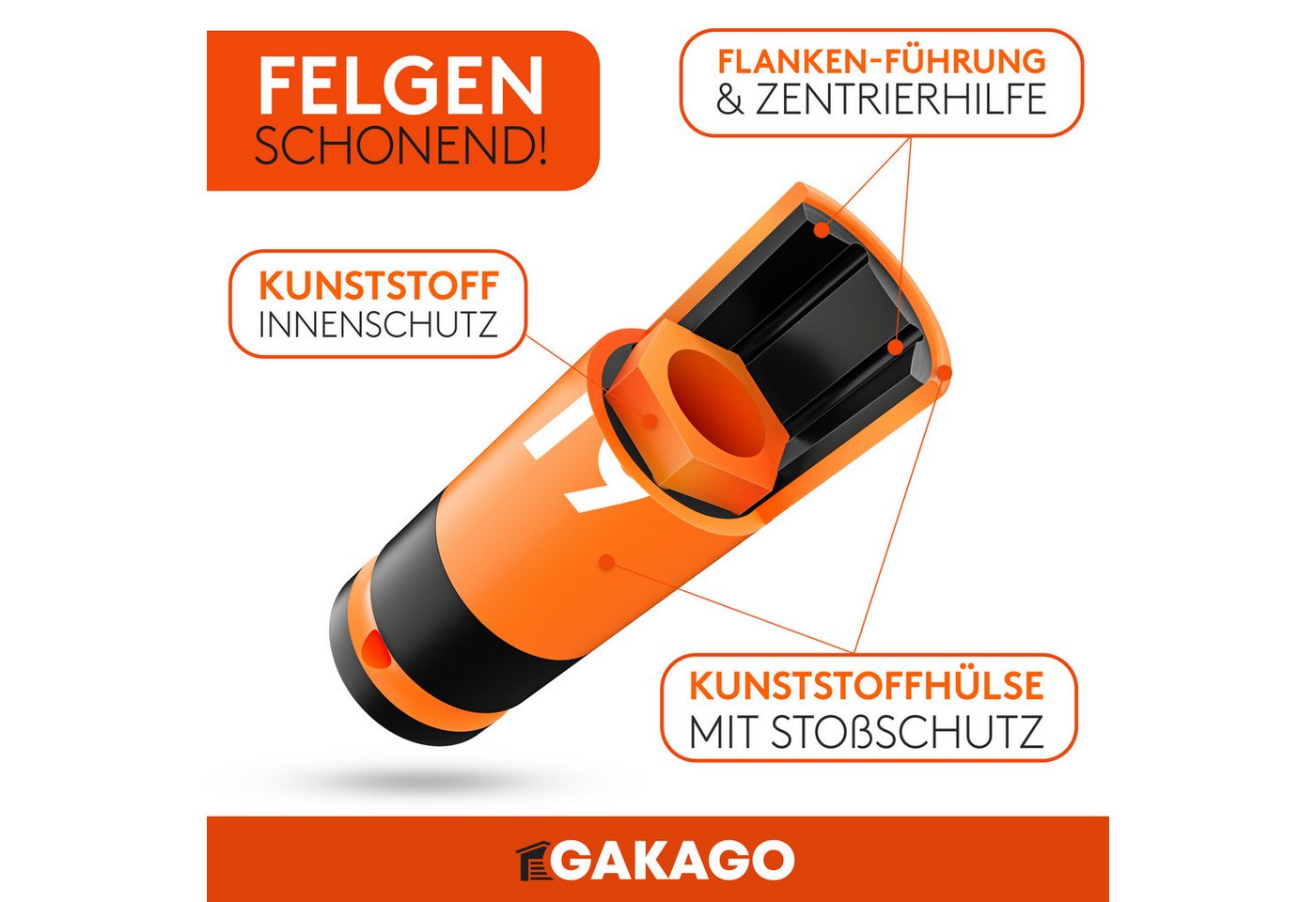 Gakago Steckschlüssel (Set, 3-tlg. Kraft-Schoneinsatz für 17mm 19mm 21mm Radschrauben), - 1/2 Zoll mit Sicherheitsstift und Ring Bild 3