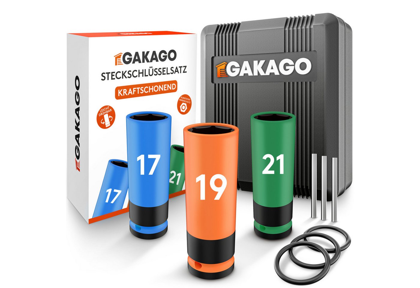 Gakago Steckschlüssel (Set, 3-tlg. Kraft-Schoneinsatz für 17mm 19mm 21mm Radschrauben), - 1/2 Zoll mit Sicherheitsstift und Ring Bild 4