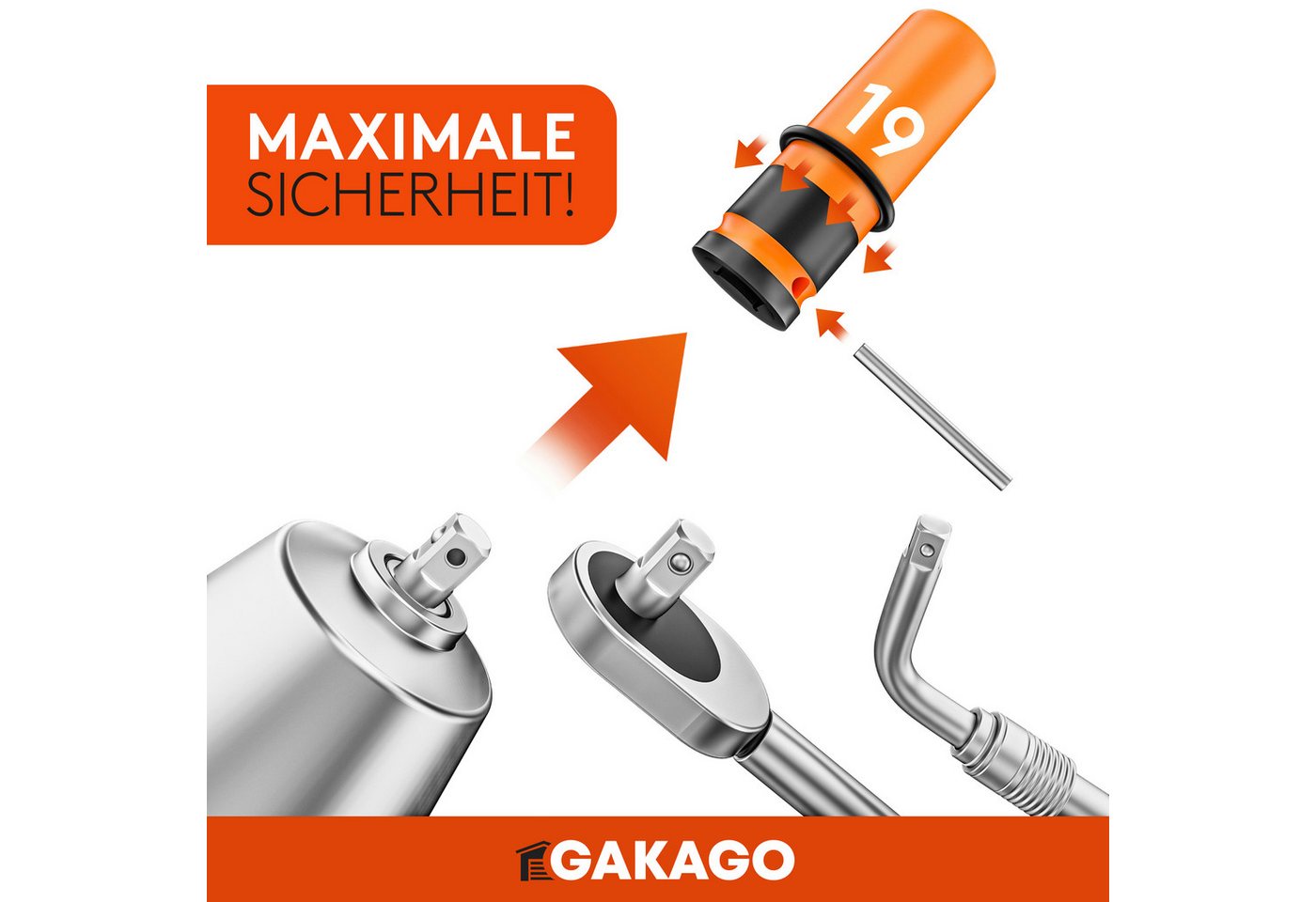 Gakago Steckschlüssel (Set, 3-tlg. Kraft-Schoneinsatz für 17mm 19mm 21mm Radschrauben), - 1/2 Zoll mit Sicherheitsstift und Ring Bild 5