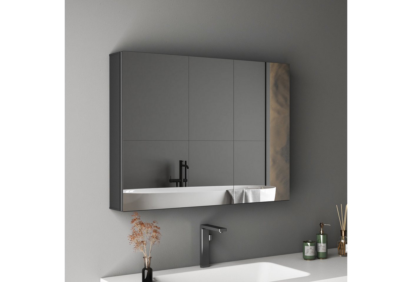 Hopibath Spiegelschrank Badezimmer 80 cm Breit Schwarz Badezimmerspiegelschrank 2 türig (Wandschrank Badschrank Eckig, Doppelseitiger Spiegel, Glasböden, Softclose-Scharnieren) 80x13,5x60cm Bild 2