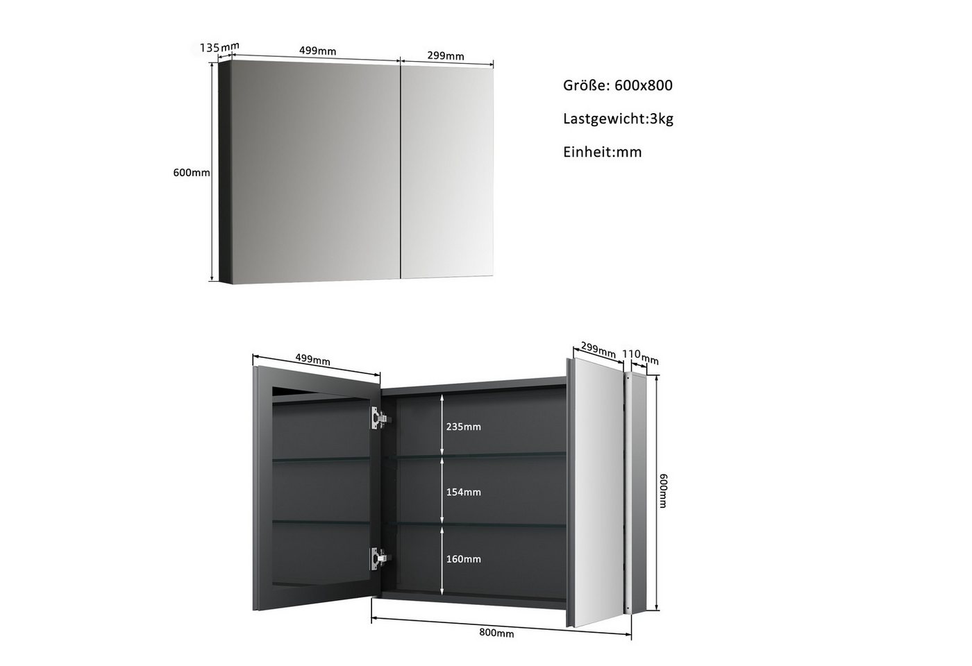 Hopibath Spiegelschrank Badezimmer 80 cm Breit Schwarz Badezimmerspiegelschrank 2 türig (Wandschrank Badschrank Eckig, Doppelseitiger Spiegel, Glasböden, Softclose-Scharnieren) 80x13,5x60cm Bild 3