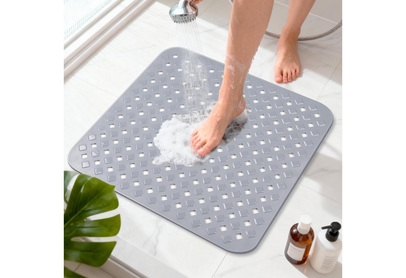 Fyrove Antirutschmatte Rutschfeste Duschmatte 53x53 cm, schimmelresistent & hautfreundlich, Duschmatte rutschfest, schimmelresistente Antirutschmatte Dusche Duscheinlage rutschfest mit Saugnäpfen 100% BPA-frei, maschinenwaschbar, für Dusche und Badewanne, 53x53cm, Hautsensitiv Bild 2