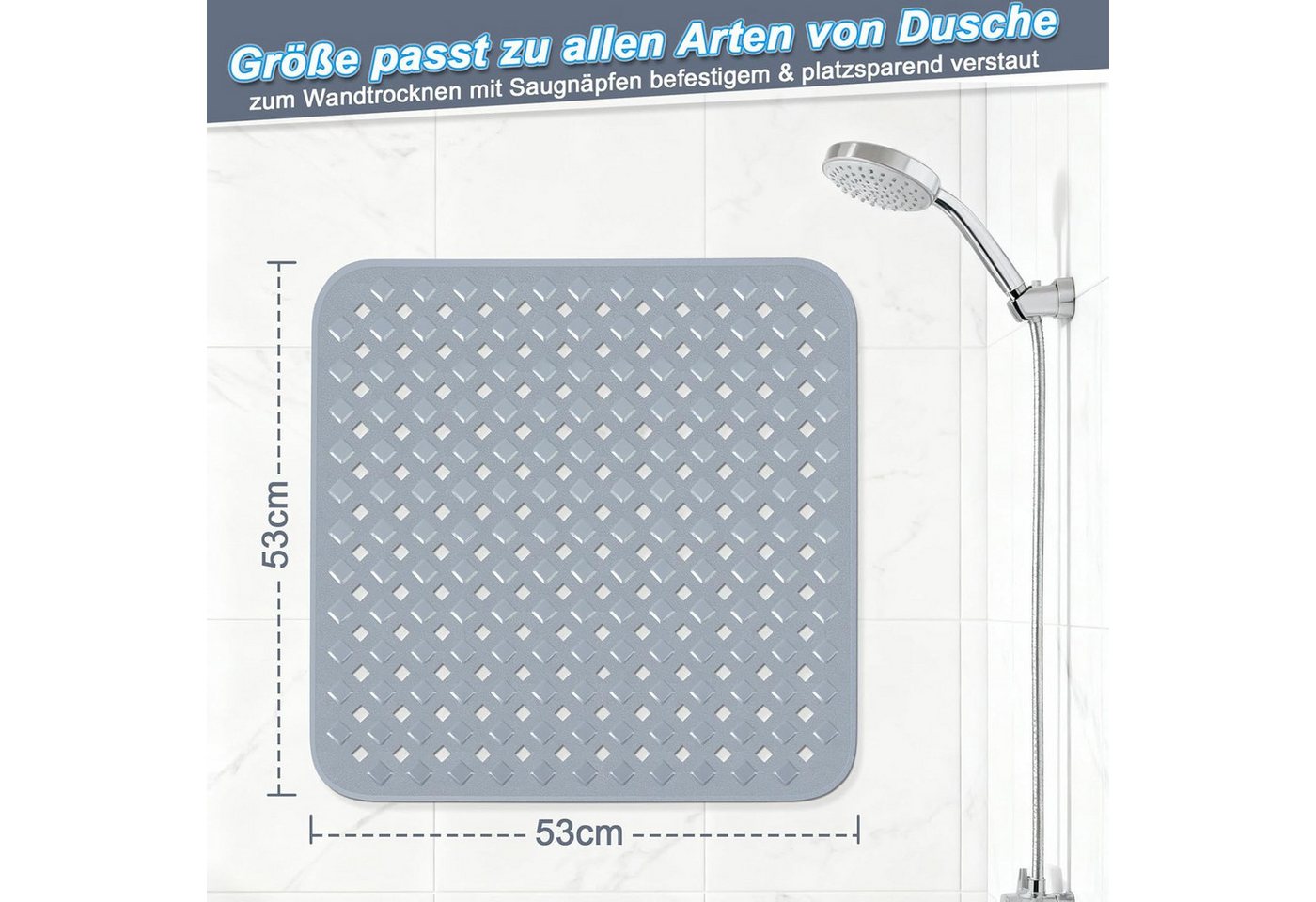 Fyrove Antirutschmatte Rutschfeste Duschmatte 53x53 cm, schimmelresistent & hautfreundlich, Duschmatte rutschfest, schimmelresistente Antirutschmatte Dusche Duscheinlage rutschfest mit Saugnäpfen 100% BPA-frei, maschinenwaschbar, für Dusche und Badewanne, 53x53cm, Hautsensitiv Bild 3