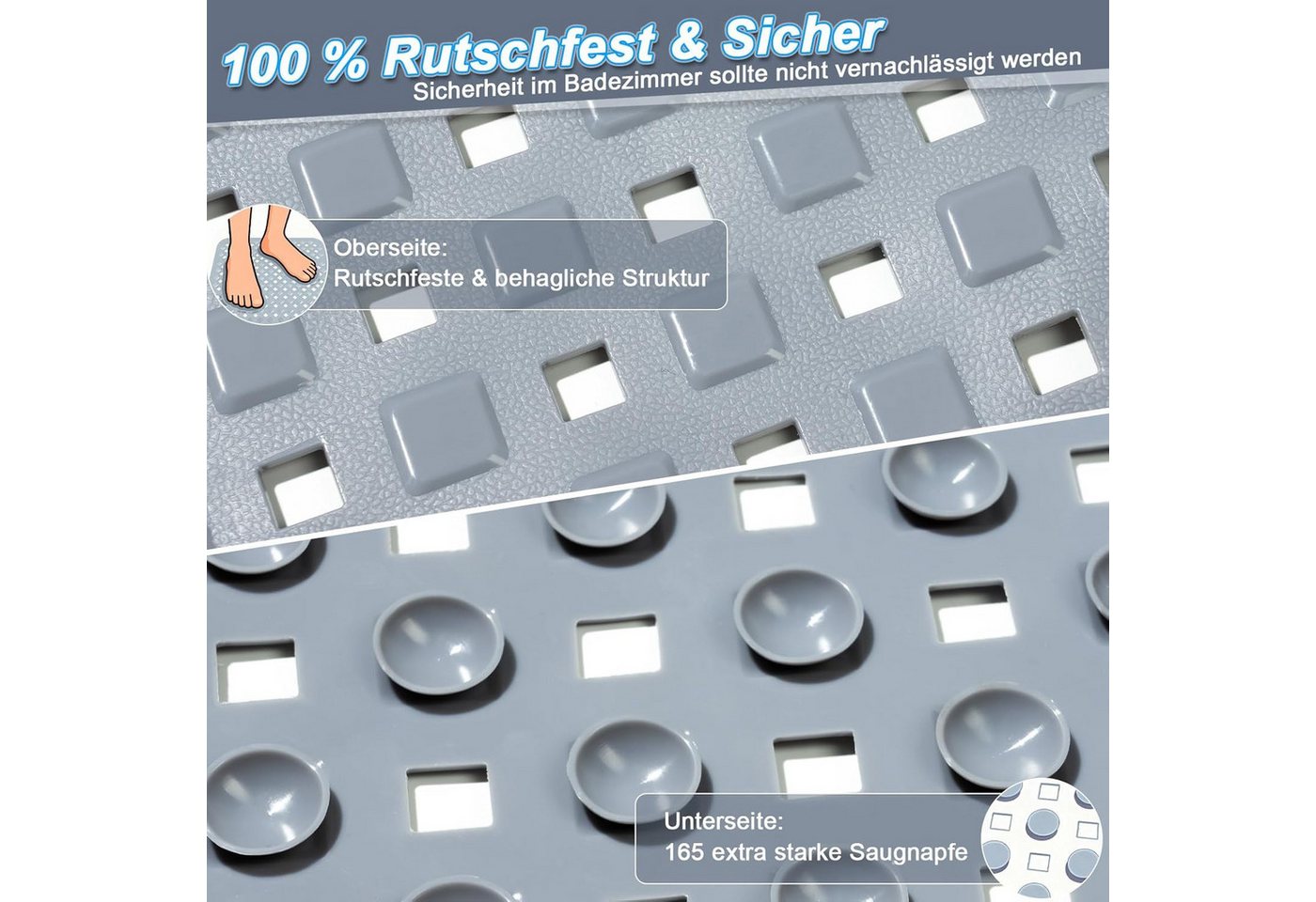 Fyrove Antirutschmatte Rutschfeste Duschmatte 53x53 cm, schimmelresistent & hautfreundlich, Duschmatte rutschfest, schimmelresistente Antirutschmatte Dusche Duscheinlage rutschfest mit Saugnäpfen 100% BPA-frei, maschinenwaschbar, für Dusche und Badewanne, 53x53cm, Hautsensitiv Bild 4