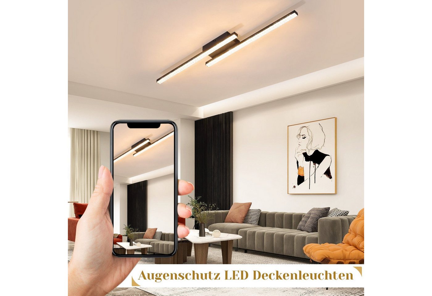 Nettlife LED Deckenleuchte Flur Wohnzimmer Schwarz modern Kristall Deckenlampe 12/24W, LED fest integriert, Warmweiß, Kristalle 24W 45.5*45.5*7.3cm für Wohnzimmer Flur Schlafzimmer Bild 2