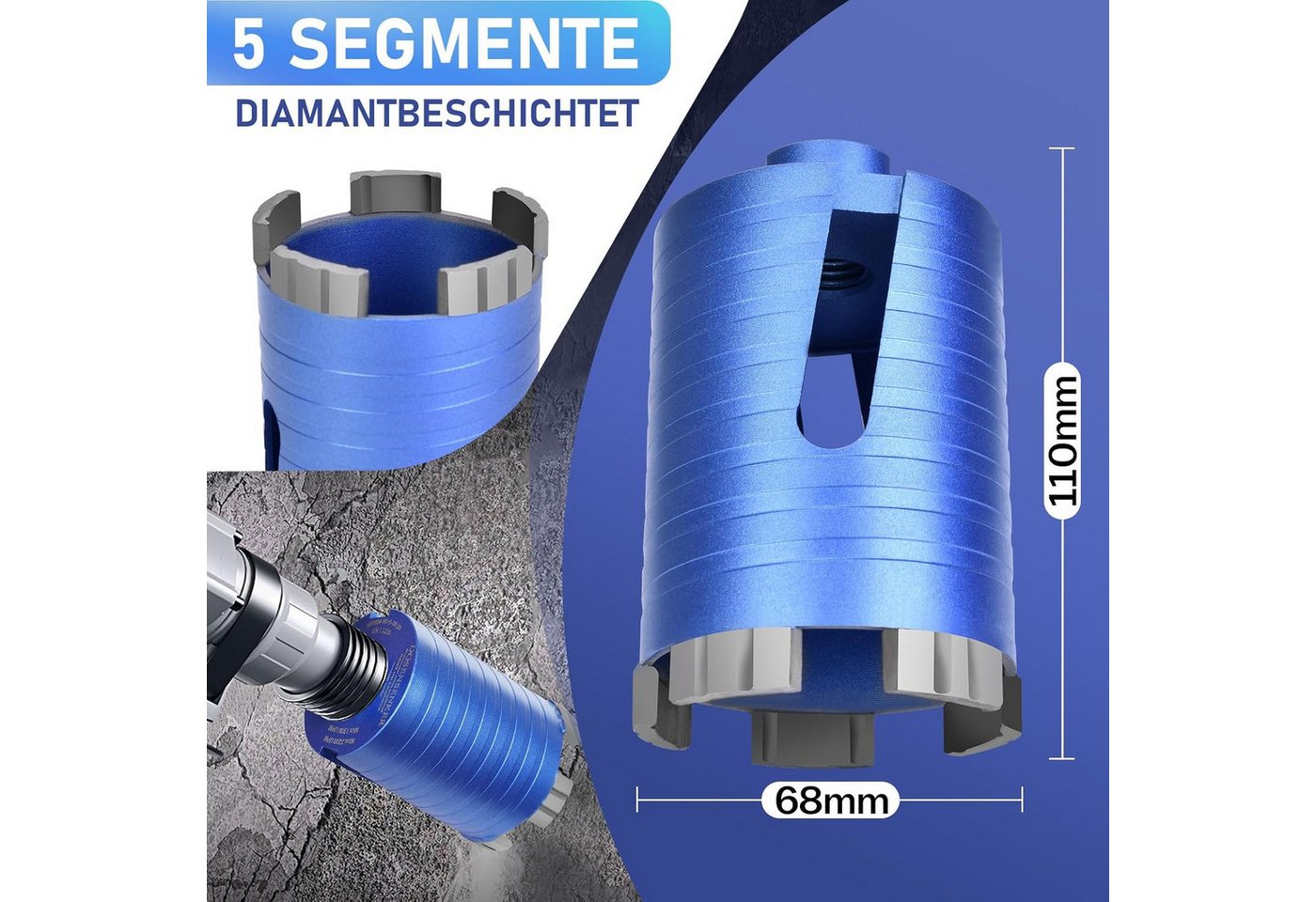 XERSEK Lochsäge M16 Diamant Dosensenker Turbo Dosenbohrer 68 mm mit SDS PLUS Bohrkrone, Ø 68 mm, 5 Diamantsegmente, Nutzlänge 95mm Steckdosenbohrer, Kronenbohrer Lochbohrer Lochsäge für, Mauerwerk Kalksandstein Ziegel Putz etc Bild 3