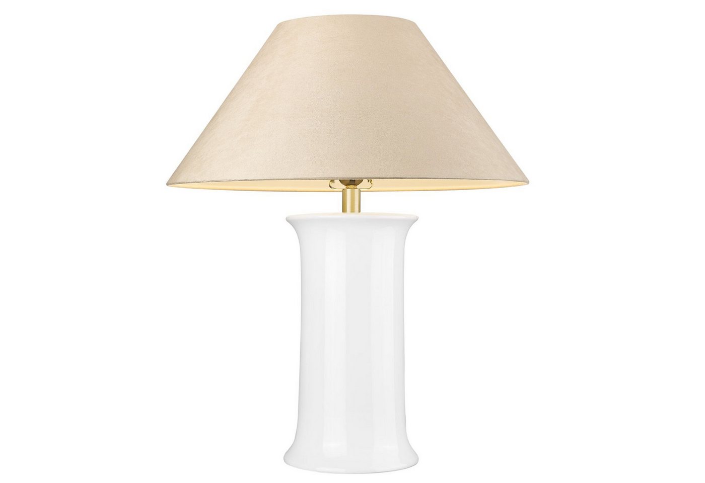 Licht-Erlebnisse Tischleuchte DURELL, ohne Leuchtmittel, Keramik Stoff 65 cm hoch in Weiß Beige Messing E27 Kabelschalter