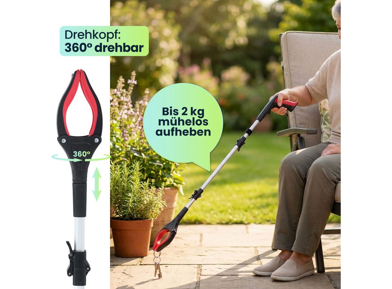 shop'n smile ideoon Greifzange Faltbare Greifzange 92 cm Aluminium Greifhilfe mit Magnet & 360° Kopf, 2-tlg., 1er-Set & 2er-Set, 92cm Greifhilfe faltbar, Magnetspitze, tragfähig bis 2kg