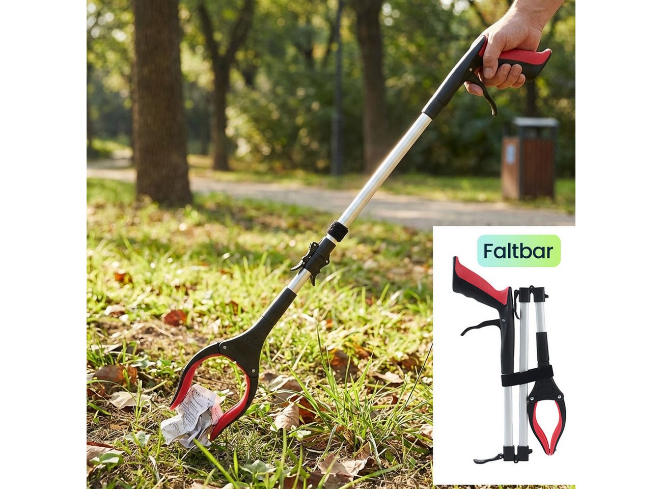 shop'n smile ideoon Greifzange Faltbare Greifzange 92 cm Aluminium Greifhilfe mit Magnet & 360° Kopf, 2-tlg., 1er-Set & 2er-Set, 92cm Greifhilfe faltbar, Magnetspitze, tragfähig bis 2kg Bild 3
