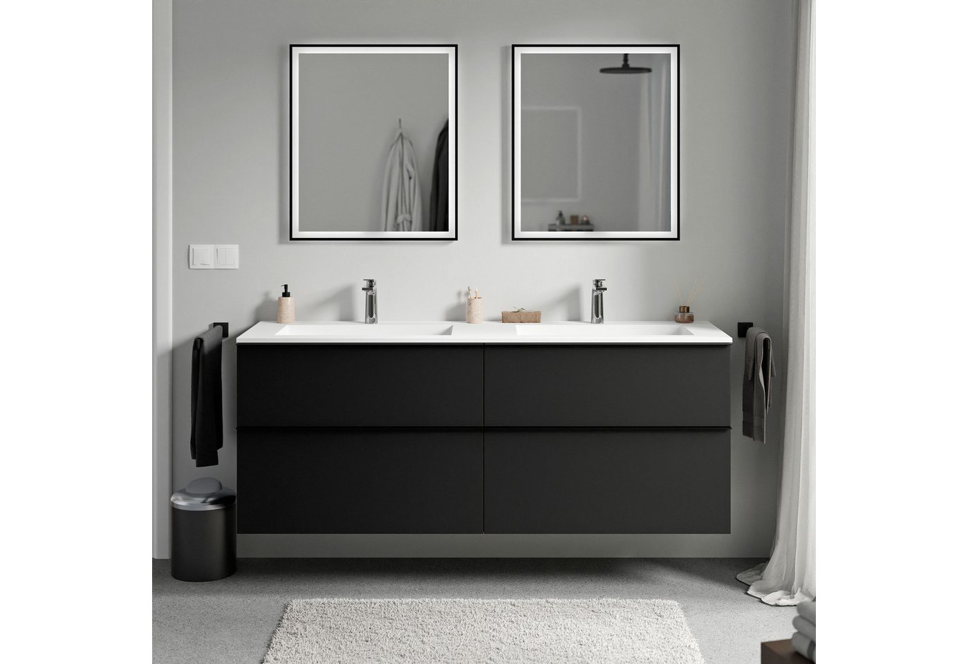 Bernstein Waschbeckenunterschrank LAVOA 160cm Schwarz matt BRUXELLES Weiß matt Waschtischunterschrank mit Doppelwaschbecken 4 Schubladen Bild 4