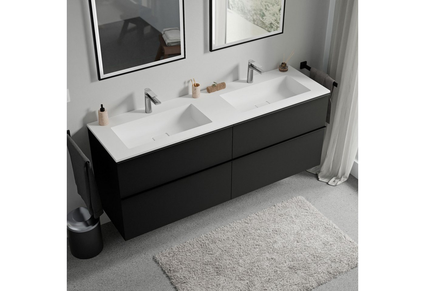 Bernstein Waschbeckenunterschrank LAVOA 160cm Schwarz matt BRUXELLES Weiß matt Waschtischunterschrank mit Doppelwaschbecken 4 Schubladen Bild 5