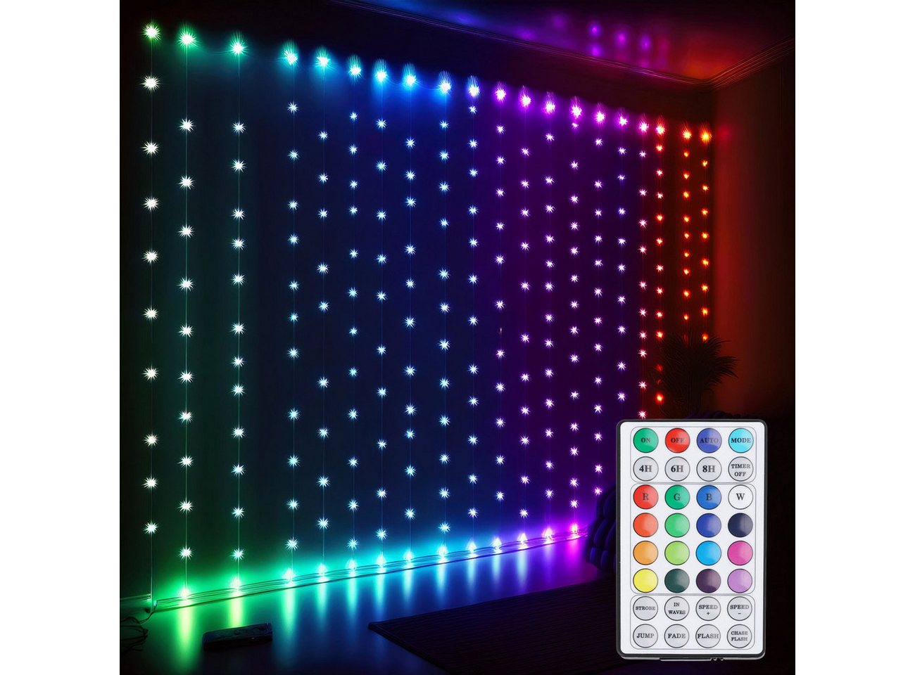 ROGITO elite LED-Lichtervorhang RGB LED-Lichtervorhang 1,2x1,2 m, 144 bunte LEDs IP44 Fernbedienung, Mehrfarbig (RGB), 1,2 x 1,2 Meter, 12 Stränge, 5m Kabel