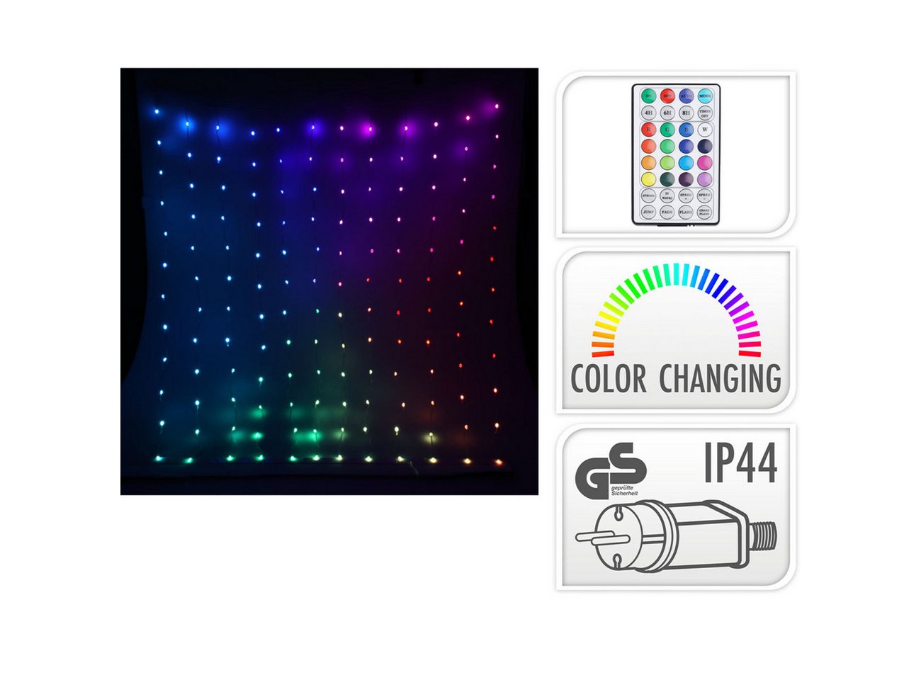 ROGITO elite LED-Lichtervorhang RGB LED-Lichtervorhang 1,2x1,2 m, 144 bunte LEDs IP44 Fernbedienung, Mehrfarbig (RGB), 1,2 x 1,2 Meter, 12 Stränge, 5m Kabel Bild 3