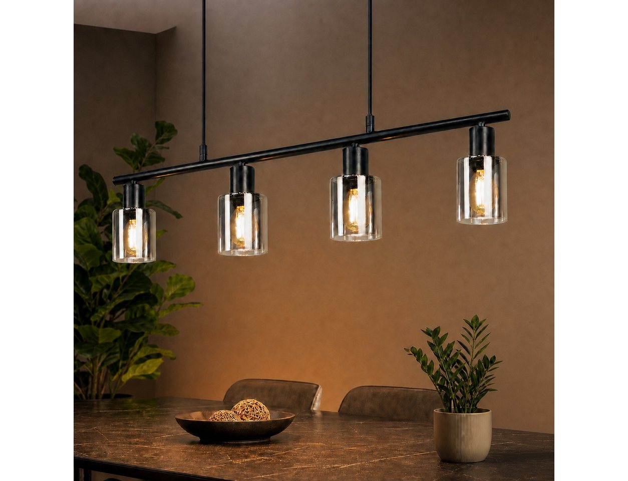 Nettlife Pendelleuchte Retro Glas Hängelampe 4flammig Industrial Schwarz Hängeleuchte, ohne Leuchtmittel, Esszimmerlampe Küchenlampe Deckenleuchte für Esstisch Küche