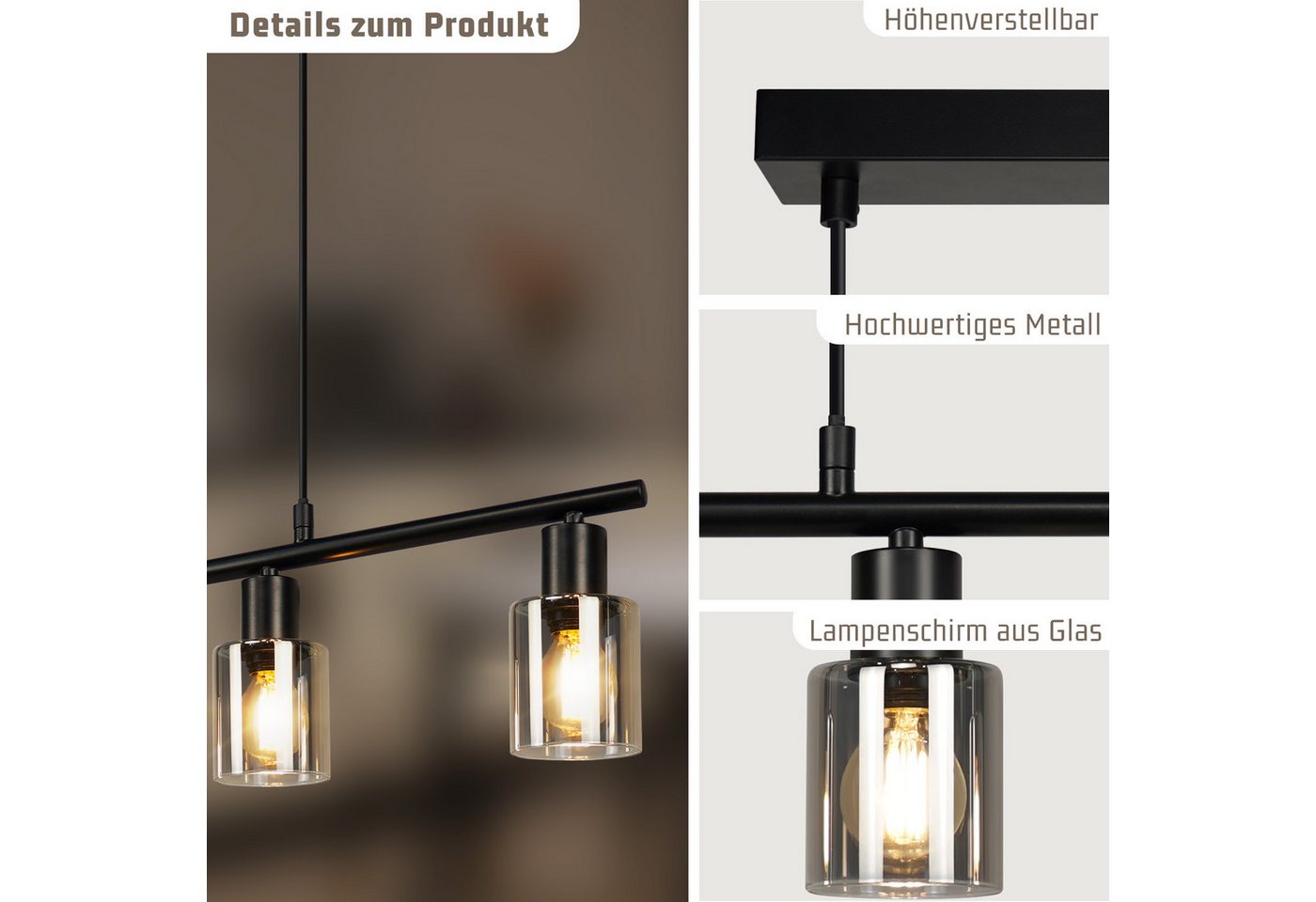 Nettlife Pendelleuchte Retro Glas Hängelampe 4flammig Industrial Schwarz Hängeleuchte, ohne Leuchtmittel, Esszimmerlampe Küchenlampe Deckenleuchte für Esstisch Küche Bild 2