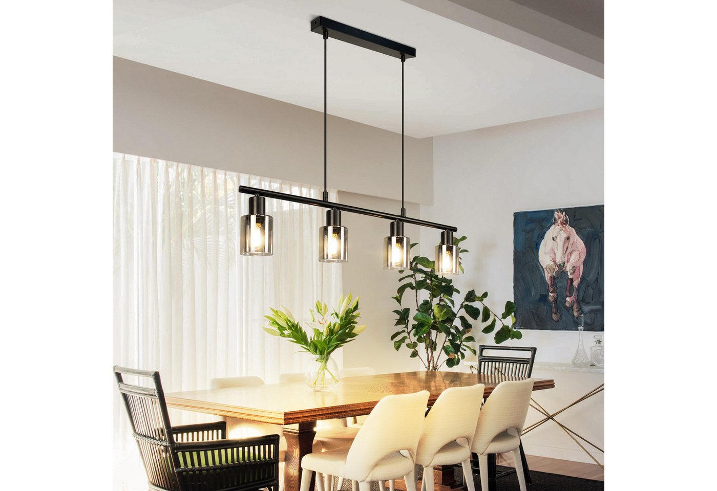 Nettlife Pendelleuchte Retro Glas Hängelampe 4flammig Industrial Schwarz Hängeleuchte, ohne Leuchtmittel, Esszimmerlampe Küchenlampe Deckenleuchte für Esstisch Küche Bild 4