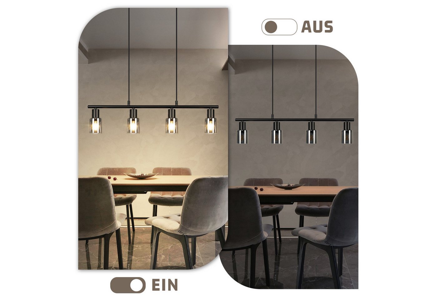 Nettlife Pendelleuchte Retro Glas Hängelampe 4flammig Industrial Schwarz Hängeleuchte, ohne Leuchtmittel, Esszimmerlampe Küchenlampe Deckenleuchte für Esstisch Küche Bild 5