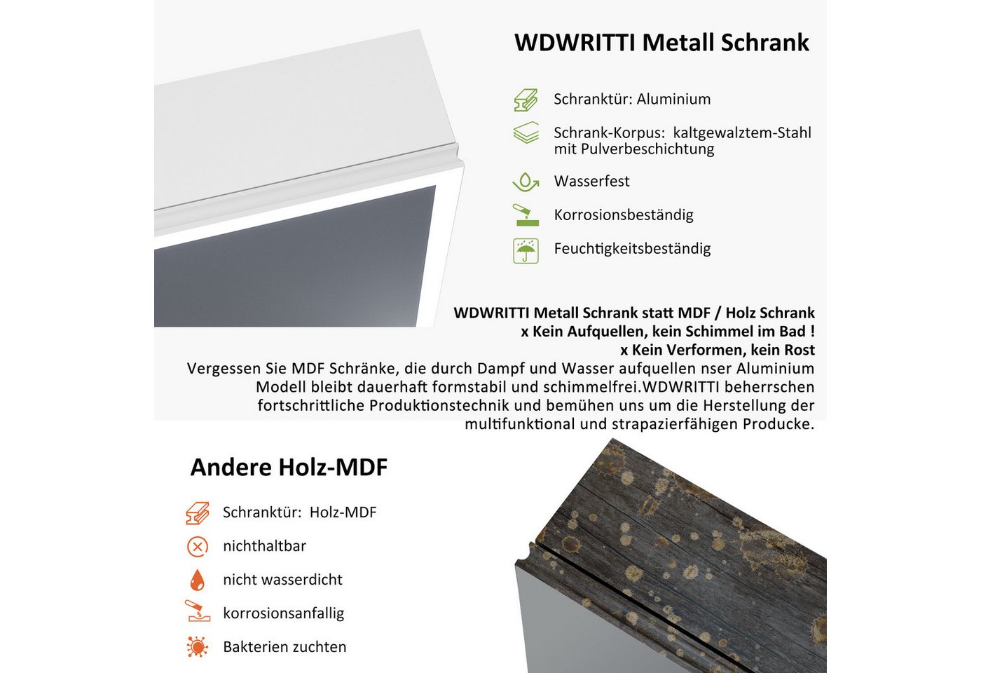 WDWRITTI Spiegelschrank Aluminum Weiß Badezimmerspiegelschrank mit LED 3Lichtmodi 2-türig (Wandschrank Hängeschrank Weiss, Helligkeit dimmbar, Anti-fog, Speicherfunktion) 2 Installationsmethoden, mit Netzadapter