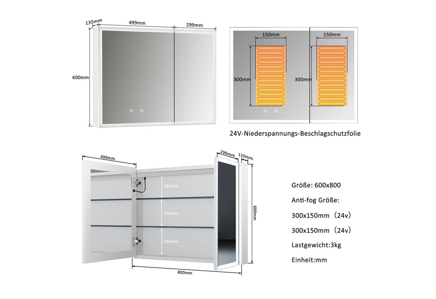 WDWRITTI Spiegelschrank Aluminum Weiß Badezimmerspiegelschrank mit LED 3Lichtmodi 2-türig (Wandschrank Hängeschrank Weiss, Helligkeit dimmbar, Anti-fog, Speicherfunktion) 2 Installationsmethoden, mit Netzadapter Bild 2