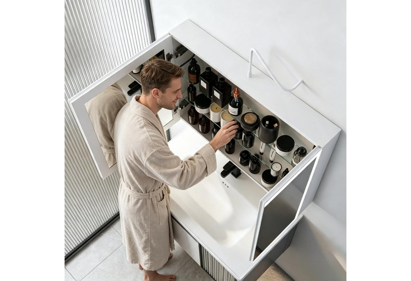 WDWRITTI Spiegelschrank Aluminum Weiß Badezimmerspiegelschrank mit LED 3Lichtmodi 2-türig (Wandschrank Hängeschrank Weiss, Helligkeit dimmbar, Anti-fog, Speicherfunktion) 2 Installationsmethoden, mit Netzadapter Bild 3