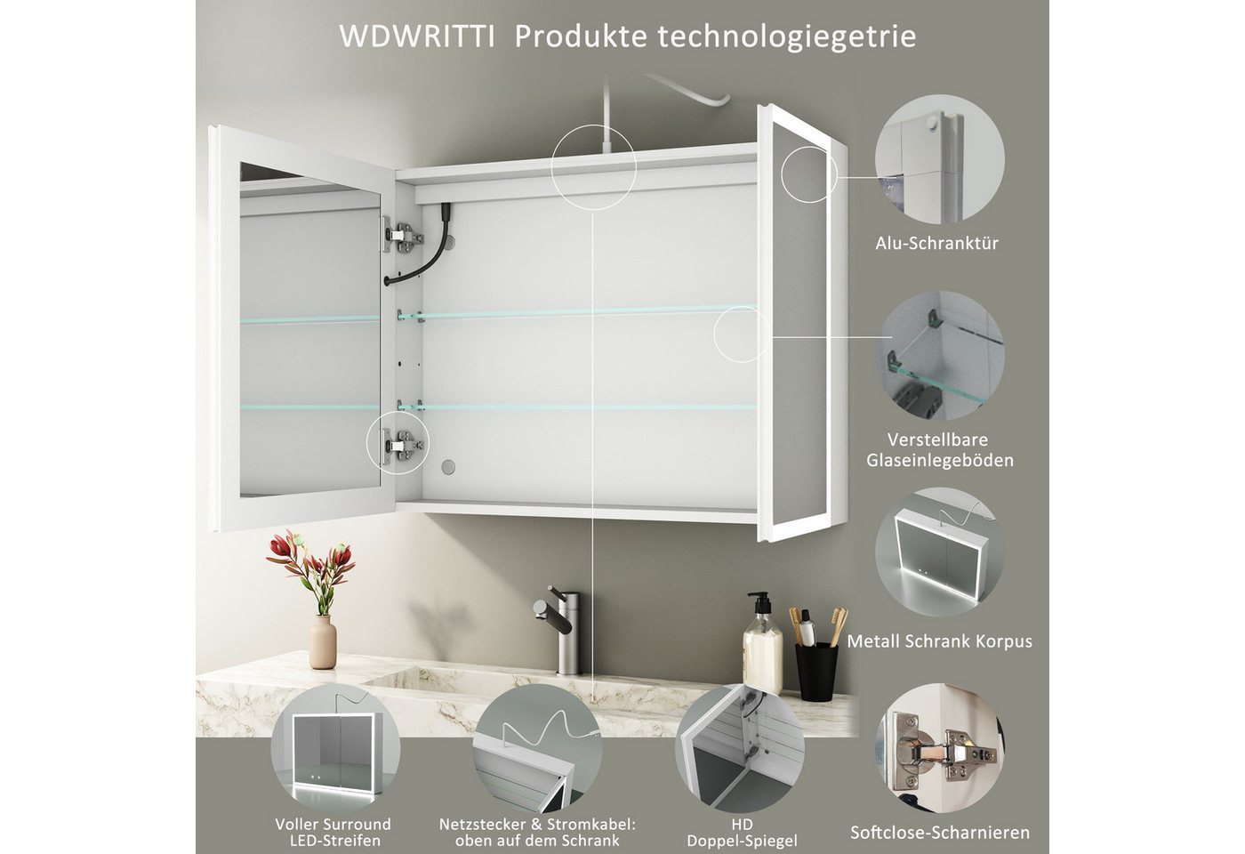 WDWRITTI Spiegelschrank Aluminum Weiß Badezimmerspiegelschrank mit LED 3Lichtmodi 2-türig (Wandschrank Hängeschrank Weiss, Helligkeit dimmbar, Anti-fog, Speicherfunktion) 2 Installationsmethoden, mit Netzadapter Bild 4