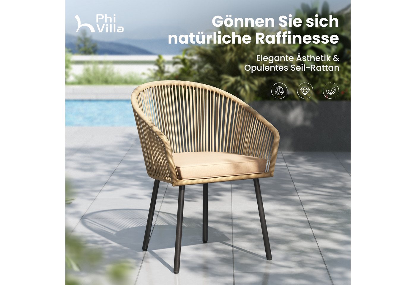 PHI VILLA Gartenstuhl (Rattansessel Gartensessel Balkonstuhl Outdoor Sessel), Gartenstuhl 4er Set für Hinterhof Balkon Terrasse, Beige Bild 5