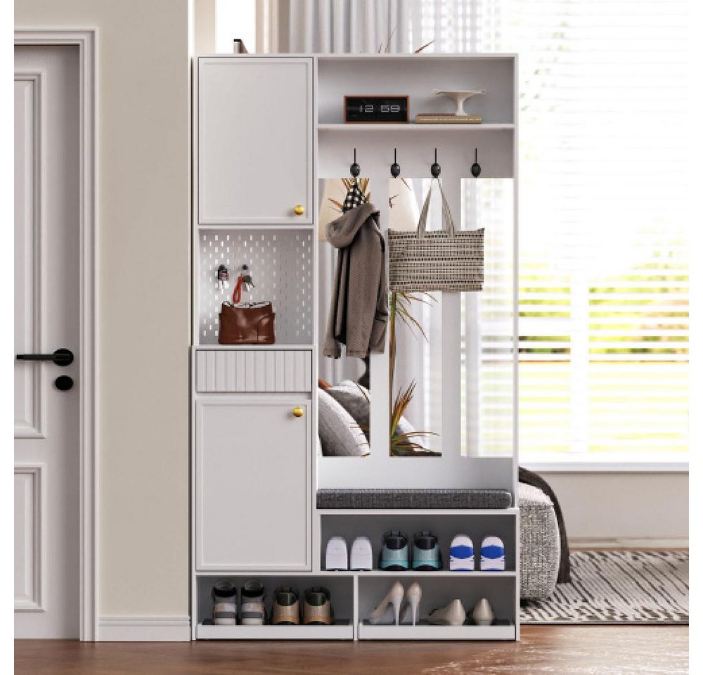 BBWL Garderobenschrank Garderobenset mit Sitzbank und Stauraum – Flurgarderobe mit 4 Haken Türen, Schubladen & Lochwand, MDF, 100x180x35 cm