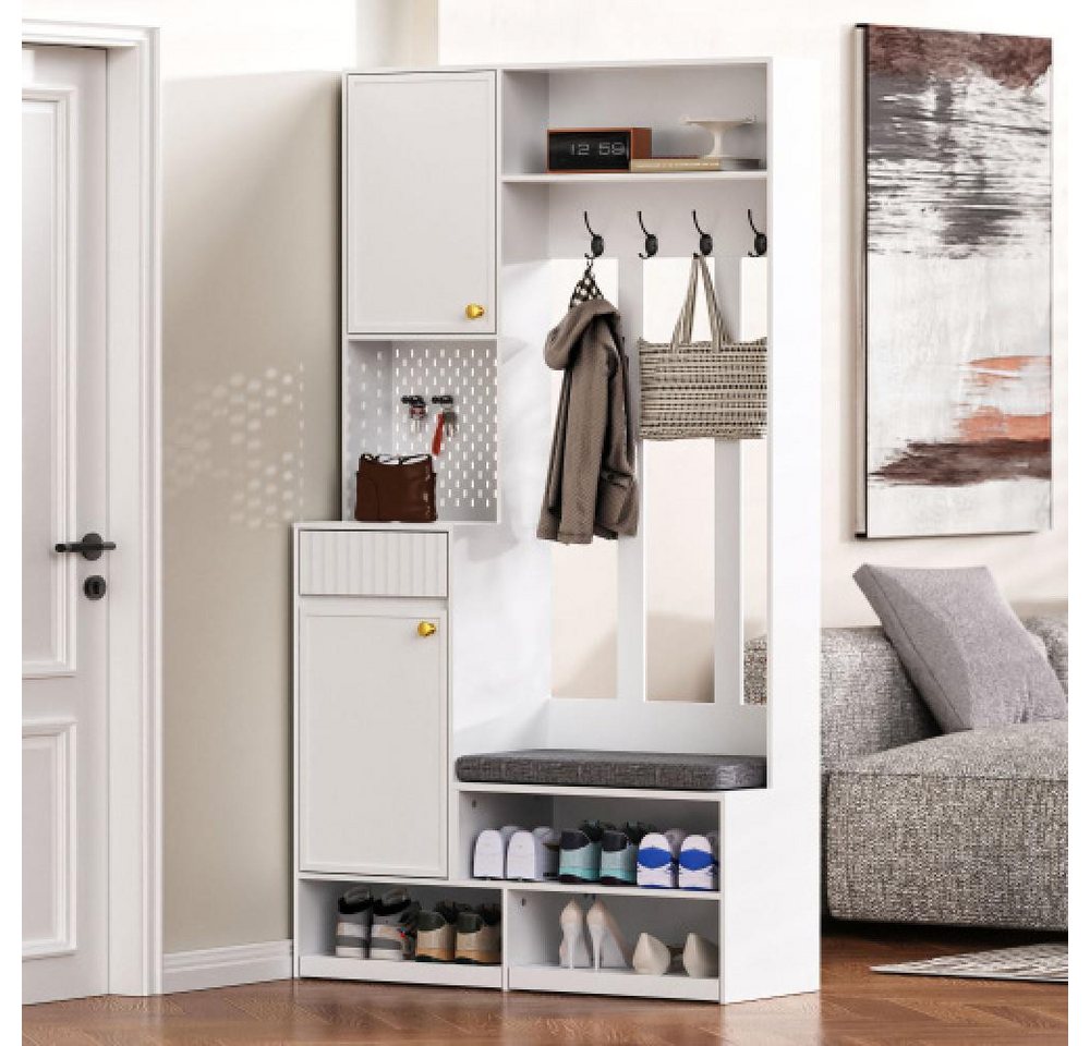 BBWL Garderobenschrank Garderobenset mit Sitzbank und Stauraum – Flurgarderobe mit 4 Haken Türen, Schubladen & Lochwand, MDF, 100x180x35 cm Bild 2
