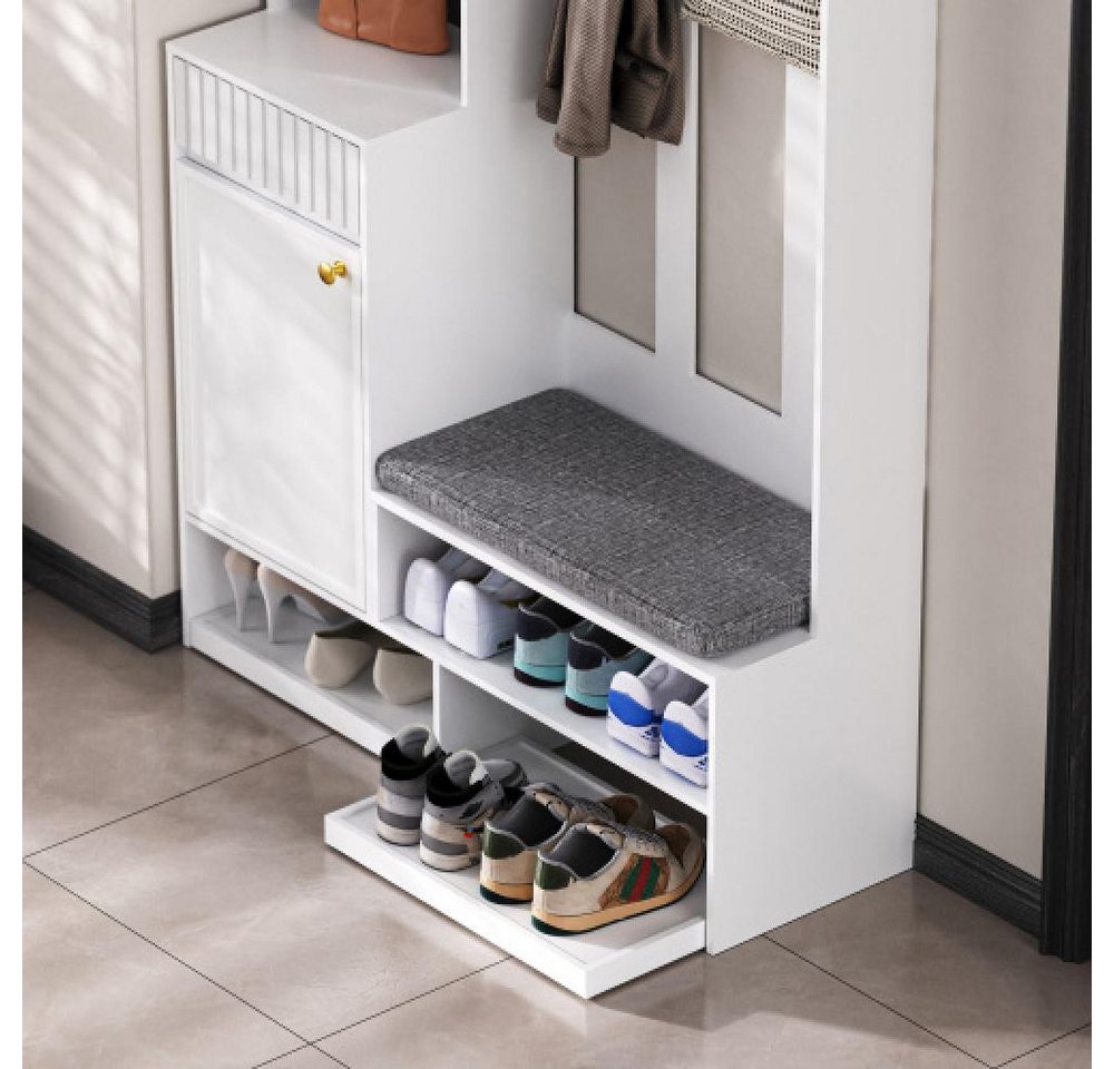 BBWL Garderobenschrank Garderobenset mit Sitzbank und Stauraum – Flurgarderobe mit 4 Haken Türen, Schubladen & Lochwand, MDF, 100x180x35 cm Bild 3
