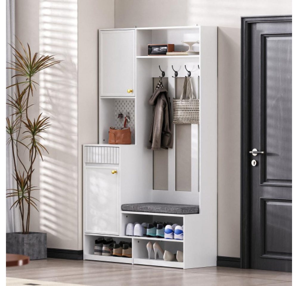 BBWL Garderobenschrank Garderobenset mit Sitzbank und Stauraum – Flurgarderobe mit 4 Haken Türen, Schubladen & Lochwand, MDF, 100x180x35 cm Bild 4