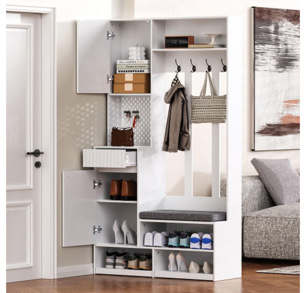BBWL Garderobenschrank Garderobenset mit Sitzbank und Stauraum – Flurgarderobe mit 4 Haken Türen, Schubladen & Lochwand, MDF, 100x180x35 cm Bild 5