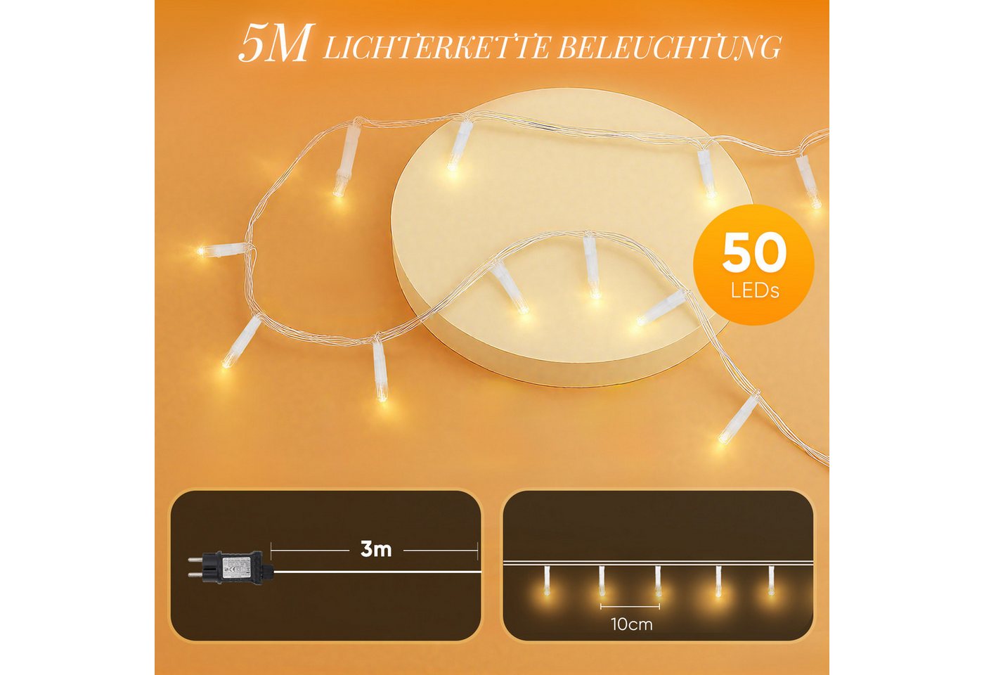 Salcar LED-Lichterkette 2m-100m LED Lichterkette Weihnachtsbaum 20-1660er LED Weihnachtsdeko, 5m 50 LED, 8 Modi und Memory-Funktion, Spritzwassergeschützt Bild 2