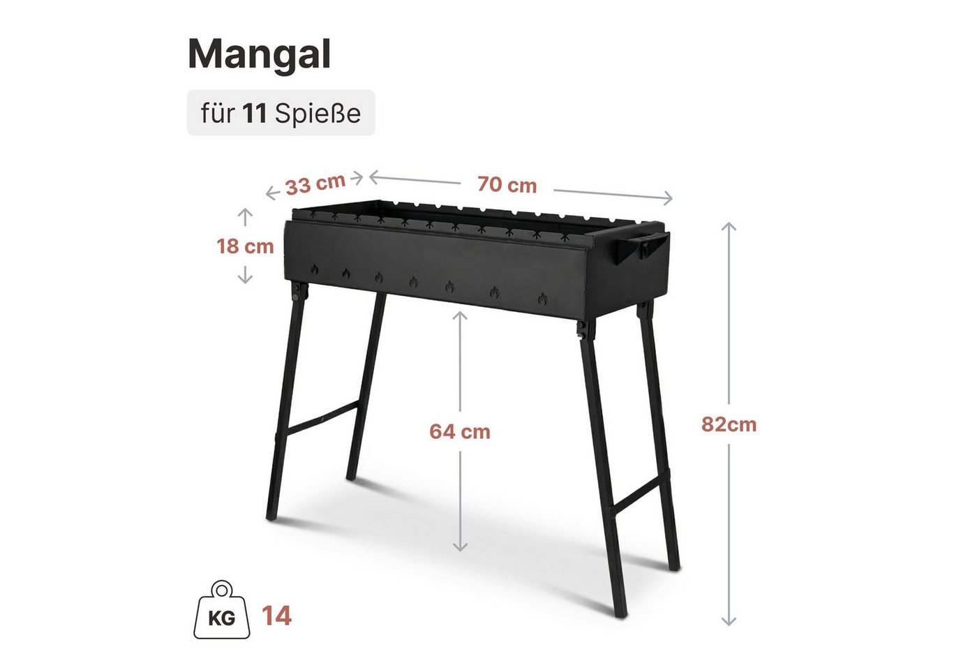 BIG-PAN Grillbesteck-Set Klappbar Mangal für 11 Spieße 70cm Grillfächer