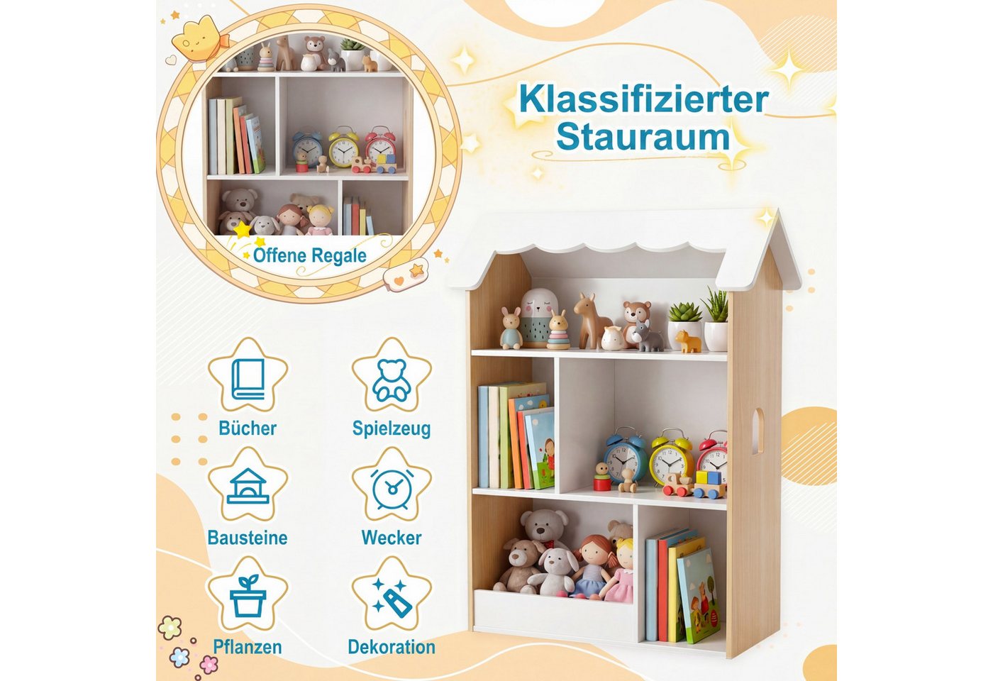 COSTWAY Kinderregal, Spielzeugregal in Hausform mit 5 offenen Fächern & Kippschutz