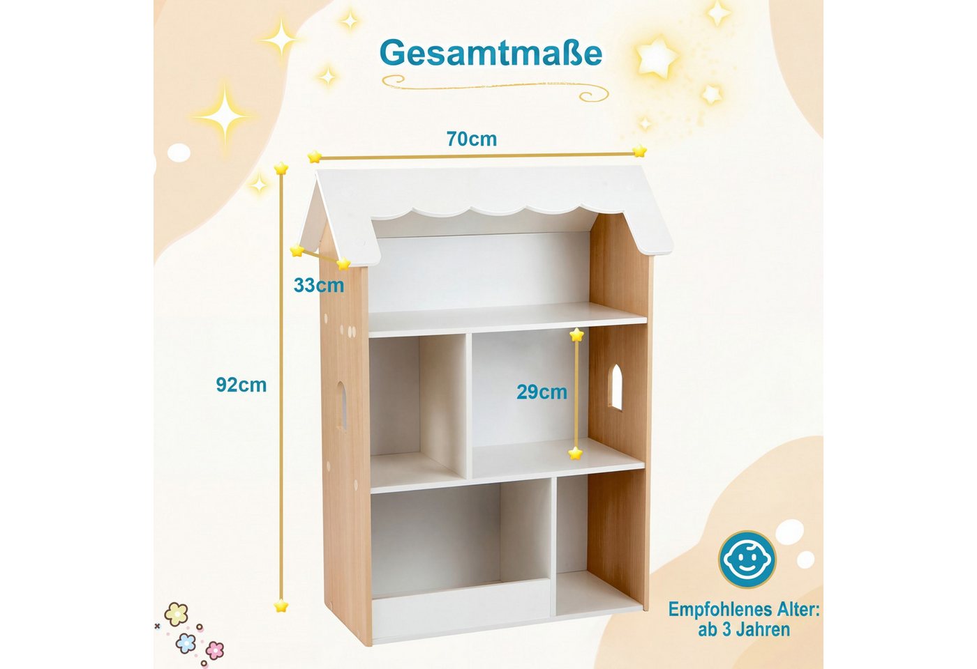 COSTWAY Kinderregal, Spielzeugregal in Hausform mit 5 offenen Fächern & Kippschutz Bild 2