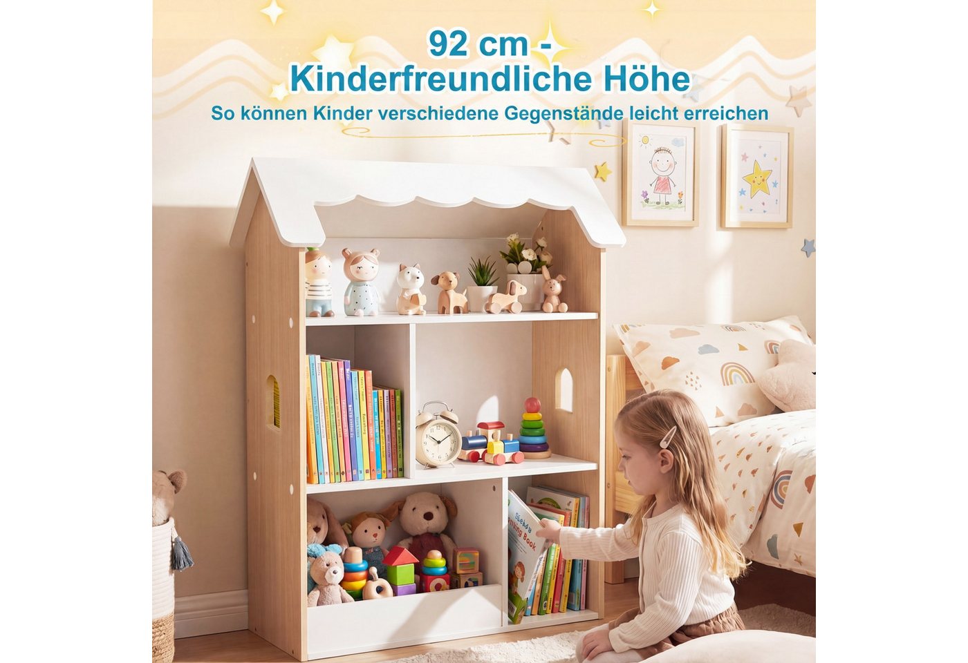 COSTWAY Kinderregal, Spielzeugregal in Hausform mit 5 offenen Fächern & Kippschutz Bild 3