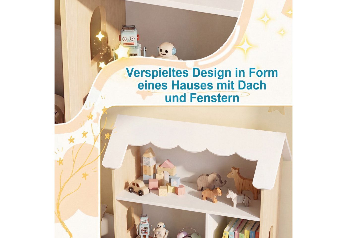 COSTWAY Kinderregal, Spielzeugregal in Hausform mit 5 offenen Fächern & Kippschutz Bild 4