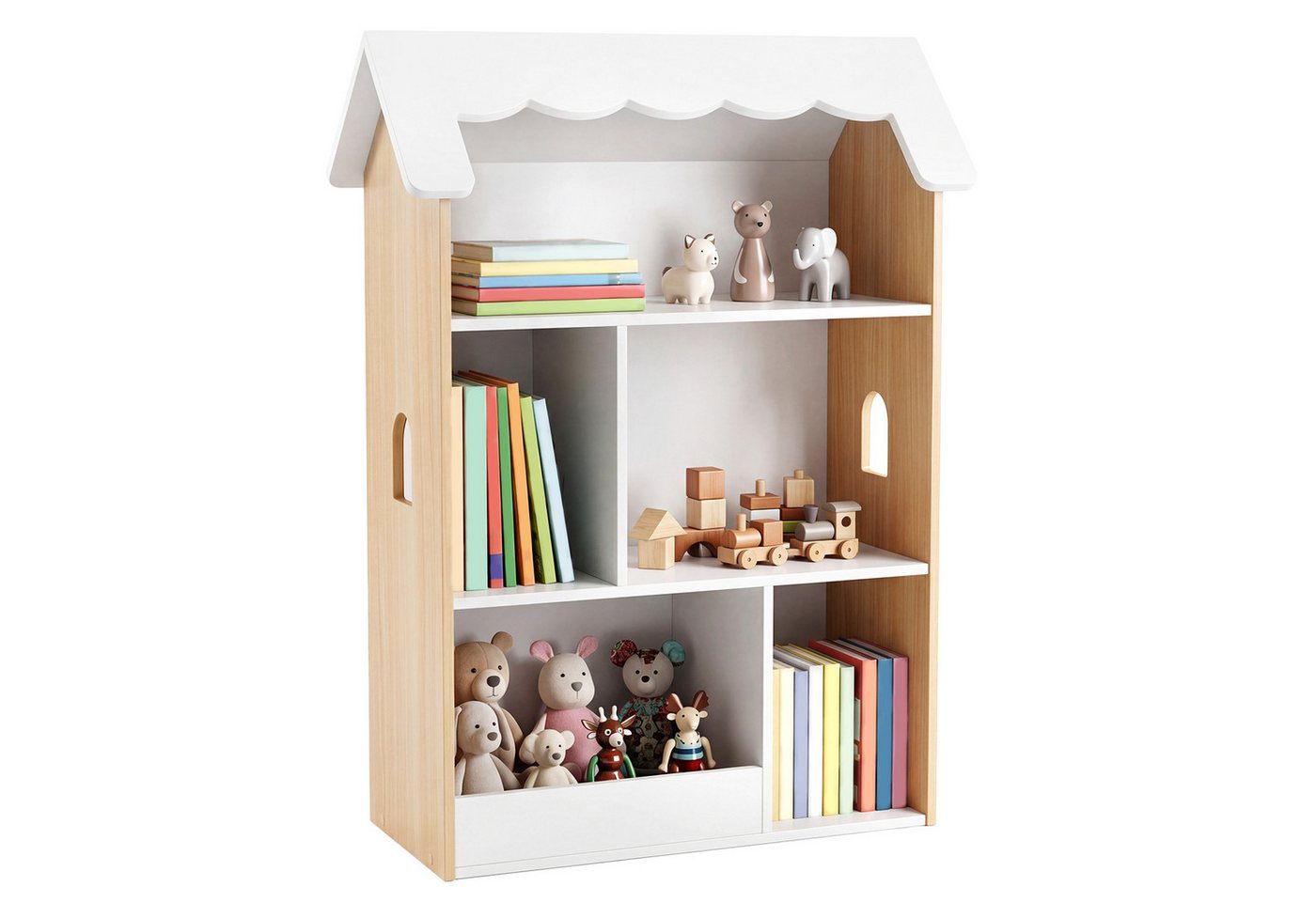 COSTWAY Kinderregal, Spielzeugregal in Hausform mit 5 offenen Fächern & Kippschutz Bild 5