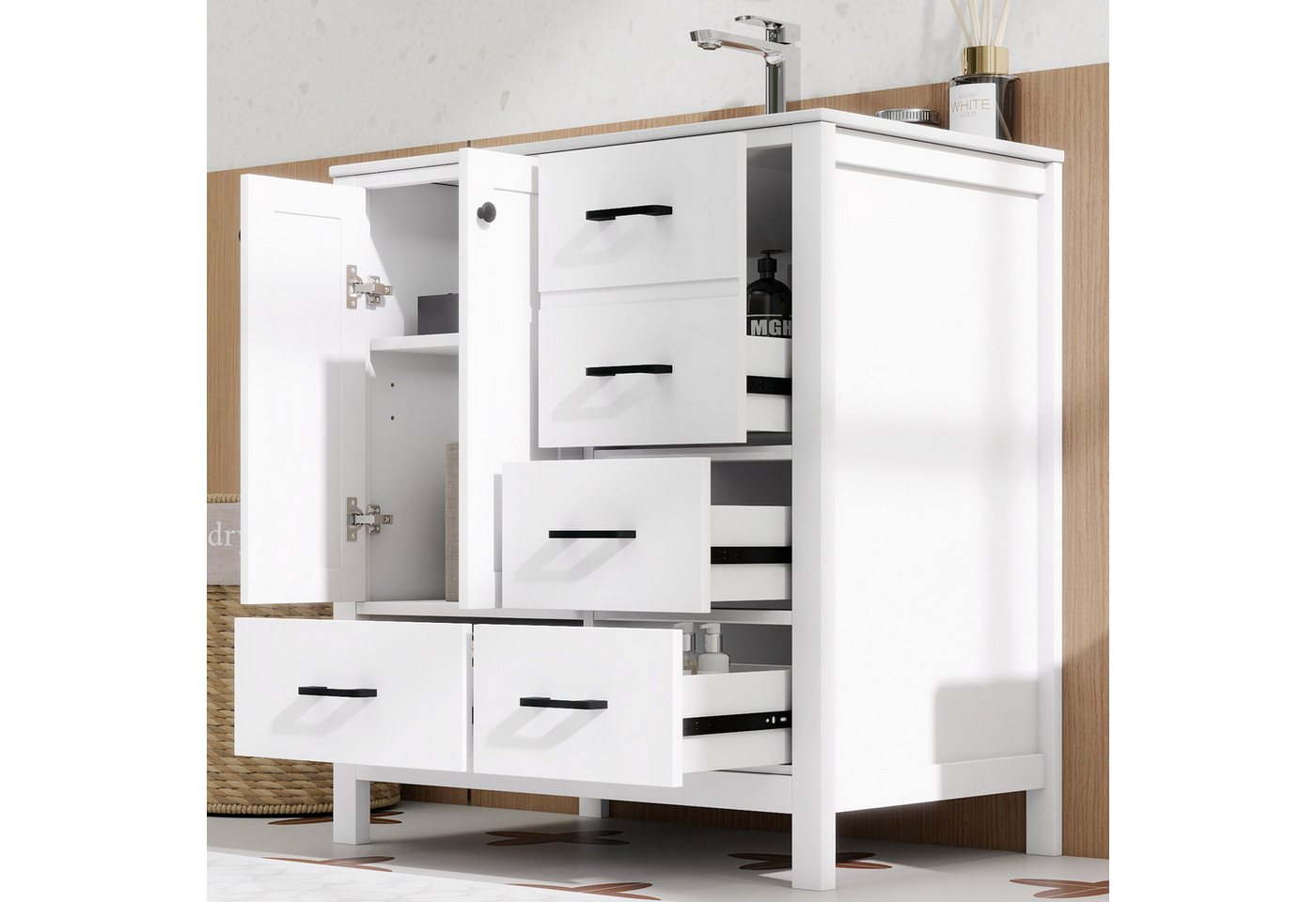Flieks Waschtisch mit 4 Schubladen, bodenstehend Waschbeckenunterschrank mit Waschbecken (B76/T46/H82 cm, 1-St., bodenstehend, Badschrank Badzimmerschrank Volllackierung), Badezimmerschrank mit verstellbarer Einlegeböden Badmöbel Weiß