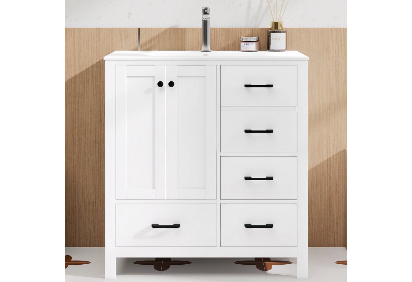 Flieks Waschtisch mit 4 Schubladen, bodenstehend Waschbeckenunterschrank mit Waschbecken (B76/T46/H82 cm, 1-St., bodenstehend, Badschrank Badzimmerschrank Volllackierung), Badezimmerschrank mit verstellbarer Einlegeböden Badmöbel Weiß Bild 2