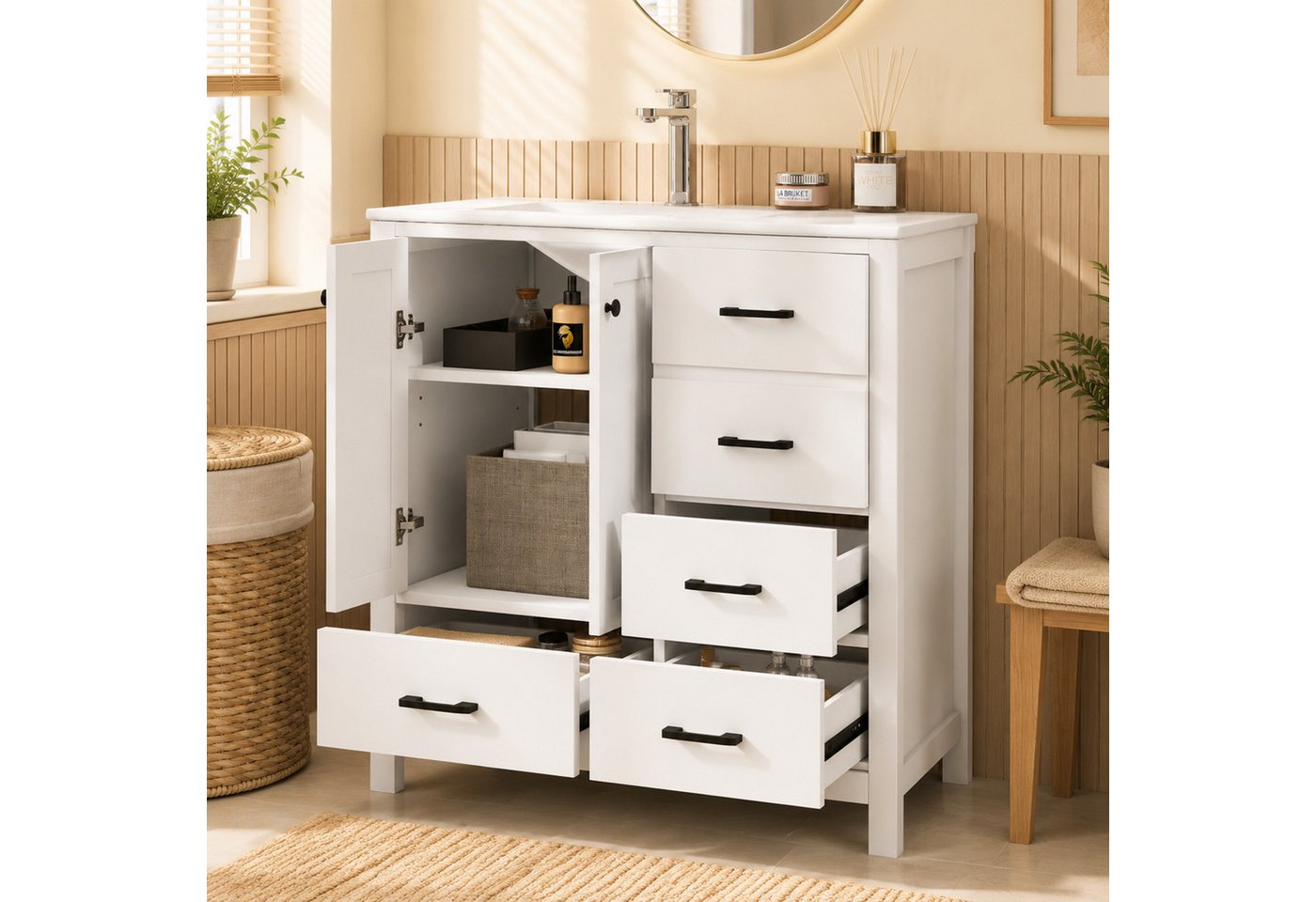Flieks Waschtisch mit 4 Schubladen, bodenstehend Waschbeckenunterschrank mit Waschbecken (B76/T46/H82 cm, 1-St., bodenstehend, Badschrank Badzimmerschrank Volllackierung), Badezimmerschrank mit verstellbarer Einlegeböden Badmöbel Weiß Bild 3
