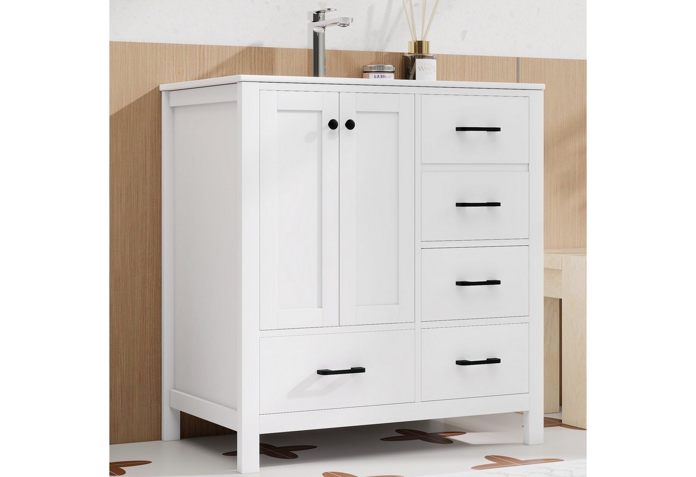 Flieks Waschtisch mit 4 Schubladen, bodenstehend Waschbeckenunterschrank mit Waschbecken (B76/T46/H82 cm, 1-St., bodenstehend, Badschrank Badzimmerschrank Volllackierung), Badezimmerschrank mit verstellbarer Einlegeböden Badmöbel Weiß Bild 4