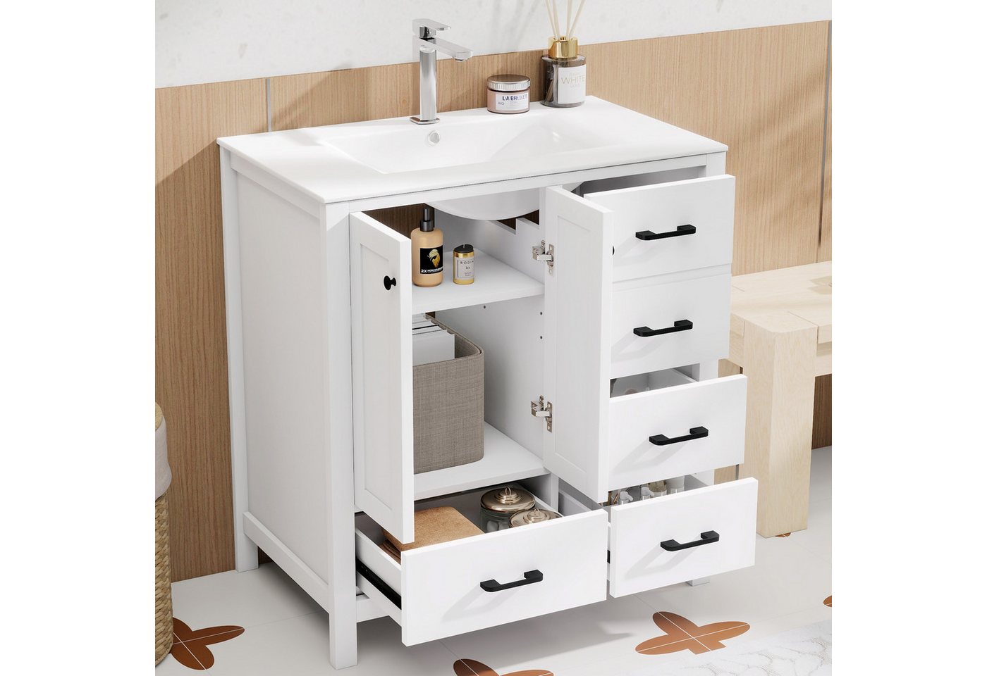 Flieks Waschtisch mit 4 Schubladen, bodenstehend Waschbeckenunterschrank mit Waschbecken (B76/T46/H82 cm, 1-St., bodenstehend, Badschrank Badzimmerschrank Volllackierung), Badezimmerschrank mit verstellbarer Einlegeböden Badmöbel Weiß Bild 5