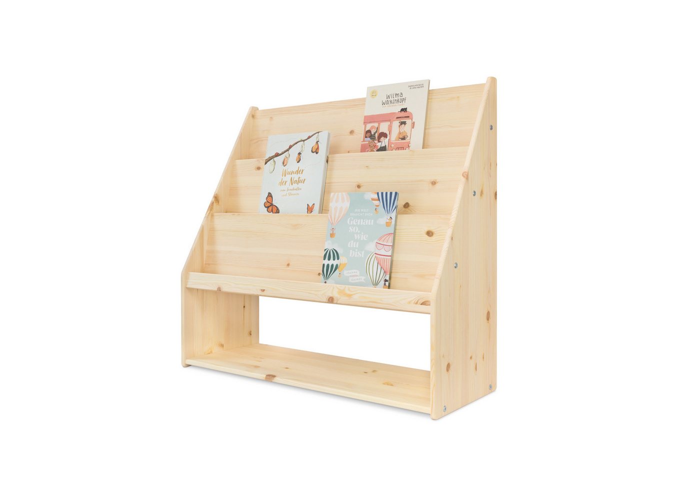 Ehrenkind Bücherregal mit Stauraum, aus massivem Kiefernholz, frontale Buchablage auf Kinderhöhe, Montessori-inspiriert