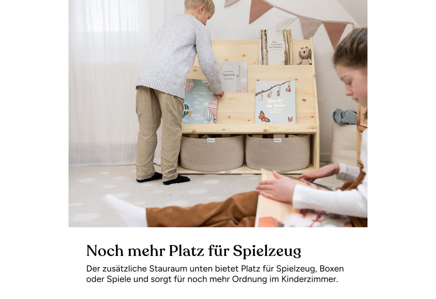 Ehrenkind Bücherregal mit Stauraum, aus massivem Kiefernholz, frontale Buchablage auf Kinderhöhe, Montessori-inspiriert Bild 2